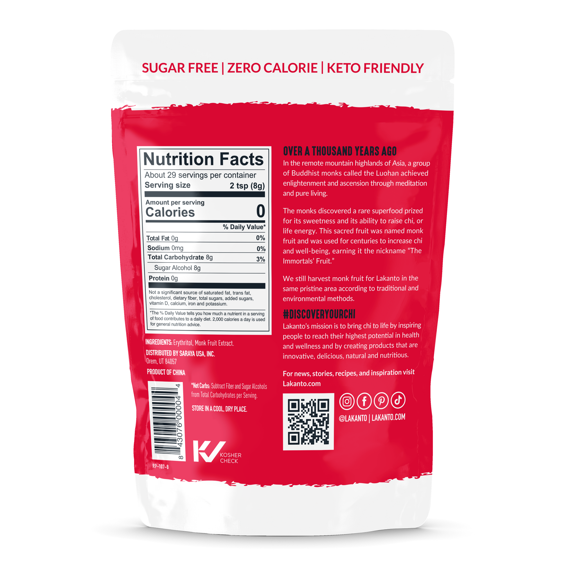 Back of a red and white food package labeled SUGAR FREE | ZERO CALORIE | KETO FRIENDLY. Includes nutrition facts, with serving size and calorie count. A story about monk fruit is printed on the right. Social media handles and logos are at the bottom.