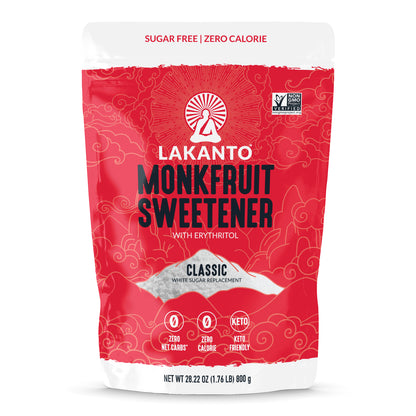 A red and white package of Lakanto Monkfruit Sweetener, featuring bold text stating Sugar Free, Zero Calorie, and Keto Friendly. The front displays a weight of 28.22 oz (1.76 LB) and a Non-GMO Project Verified seal.