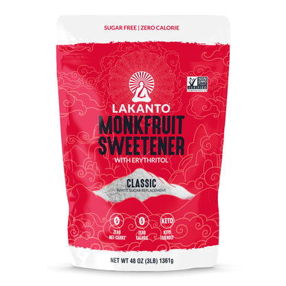 A red and white package of Lakanto Monkfruit Sweetener, featuring bold text stating Sugar Free, Zero Calorie, and Keto Friendly. The front displays a weight of 48 oz (3 LB) and a Non-GMO Project Verified seal.