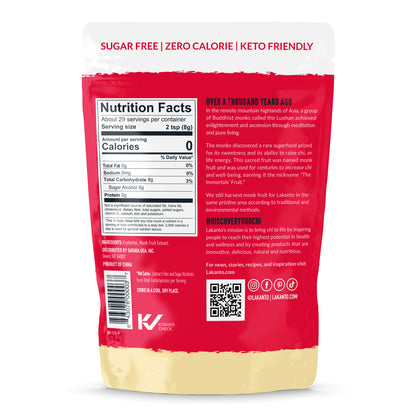 A red and white bag labeled Golden Monkfruit and Erythritol Sweetener - Raw Cane Sugar Replacement showcases Sugar Free, Zero Calorie, and Keto Friendly. The back shares monk fruits natural sugar replacement story, with the Lakanto logo and social media details at the bottom.