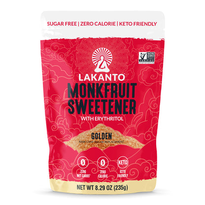 The Lakanto Golden Monkfruit and Erythritol Sweetener, in an 8.29 oz (235g) red and white package, serves as a zero-calorie, keto-friendly raw cane sugar replacement.