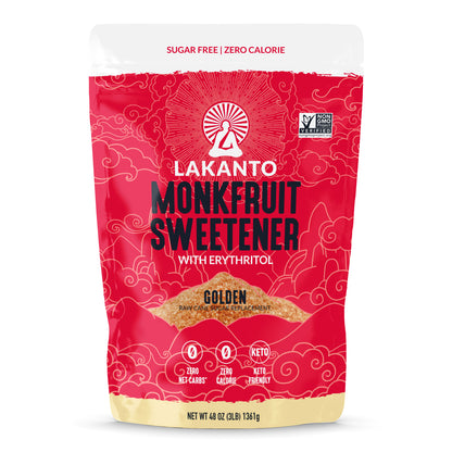 A red and white 48 oz package of Lakantos Golden Monkfruit and Erythritol Sweetener is a zero-calorie, sugar-free, keto-friendly raw cane sugar substitute that is Non-GMO Project Verified.