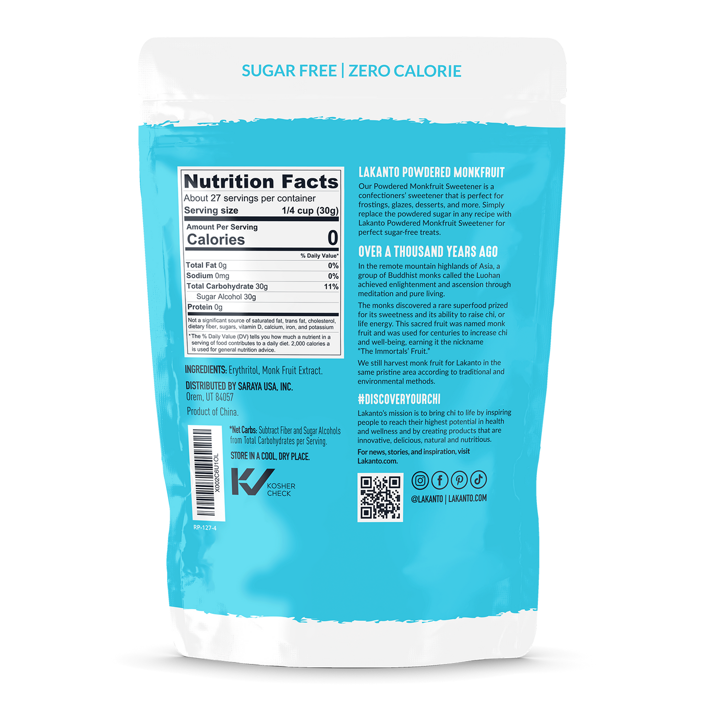 A white and blue Lakanto bag of Powdered Monkfruit and Erythritol Sweetener, labeled Sugar Free | Zero Calorie, offers a keto-friendly powdered sugar replacement. The back displays nutrition facts, ingredients, a monk fruit history blurb, brand details, and social media handles.