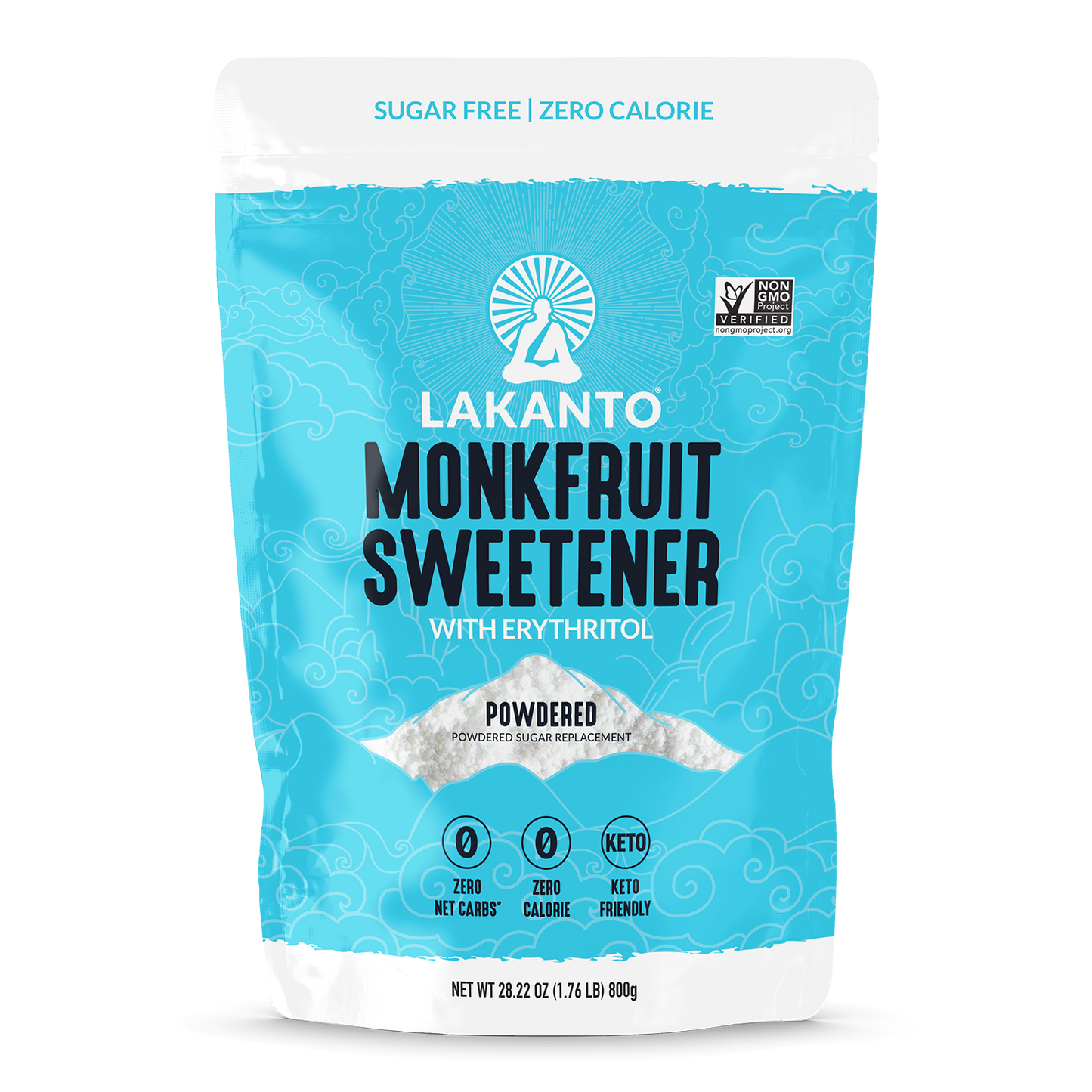 The blue and white packaging of Lakantos Powdered Monkfruit and Erythritol Sweetener highlights its keto-friendly, sugar-free formula. Its a zero-calorie product with zero net carbs, featuring non-GMO and vegan certification logos, ideal as a powdered sugar replacement.