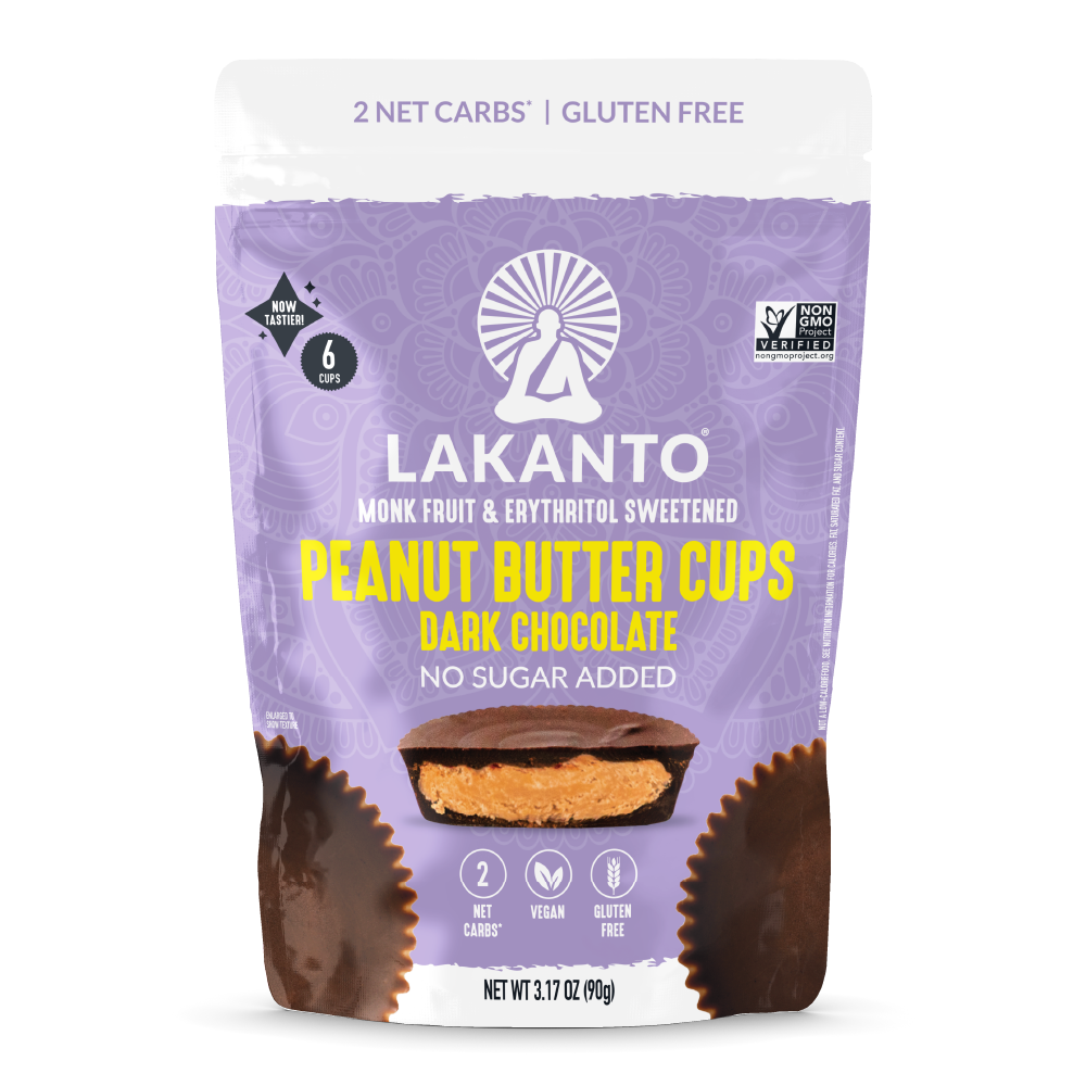 Lakantos Dark Chocolate Peanut Butter Cups come in eye-catching purple packaging with cup images and feature 2 Net Carbs, are Gluten Free, Vegan, and No Sugar Added. Weighing 3.17 oz, these Keto Friendly treats are sweetened with monk fruit and erythritol.