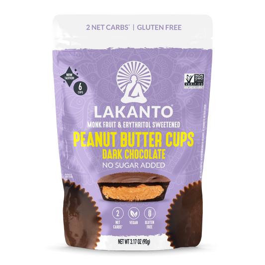 Lakantos Dark Chocolate Peanut Butter Cups come in eye-catching purple packaging with cup images and feature 2 Net Carbs, are Gluten Free, Vegan, and No Sugar Added. Weighing 3.17 oz, these Keto Friendly treats are sweetened with monk fruit and erythritol.