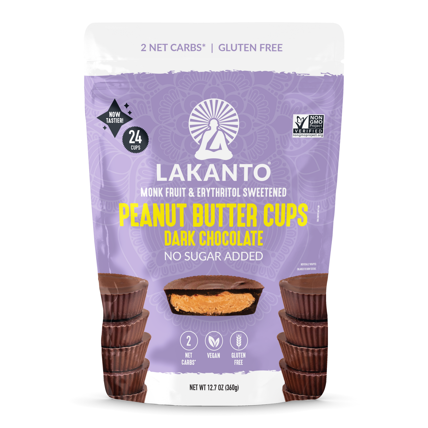 Lakanto Dark Chocolate Peanut Butter Cups in a purple bag highlight 2 Net Carbs, Gluten Free, and No Sugar Added on the packaging. Ideal for Keto-Friendly snacking, each sugar-free treat comes in a 12.7 oz (360g) package.