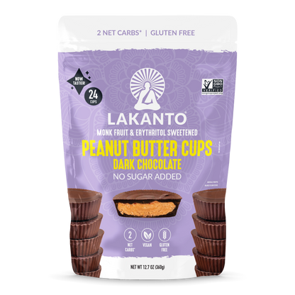 Lakanto Dark Chocolate Peanut Butter Cups in a purple bag highlight 2 Net Carbs, Gluten Free, and No Sugar Added on the packaging. Ideal for Keto-Friendly snacking, each sugar-free treat comes in a 12.7 oz (360g) package.