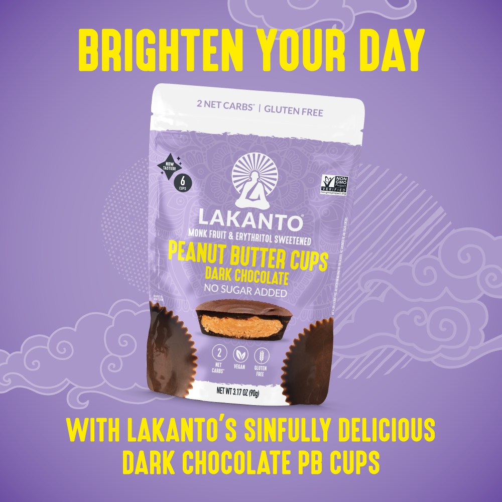 The Dark Chocolate Peanut Butter Cups package features Brighten Your Day with 2 Net Carbs, Sugar Free, Gluten Free, ideal for a keto-friendly lifestyle. The design has an inviting purple clouds backdrop.