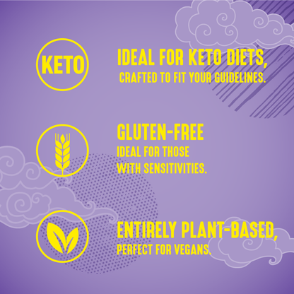 A purple background features swirling clouds, highlighting Keto Friendly in a circle and Ideal for keto diets. A wheat icon denotes its gluten-free, suitable for sensitivities. A leaf icon confirms its plant-based, great for vegans. Indulge in sugar-free Dark Chocolate Peanut Butter Cups.