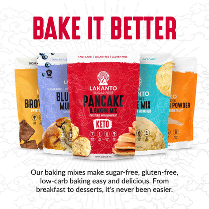 Lakantos Bake It Better display showcases keto-friendly, gluten-free, sugar-free mixes like the Sugar-Free Brownie Mix, promoting low-carb choices for healthier treats.