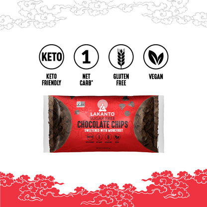 Lakanto Sugar-Free Chocolate Chips packaging features monk fruit sweetness and highlights like Keto Friendly, 1 Net Carb, Gluten Free, and Vegan. The red and white design with cloud patterns captures the indulgent, sugar-free nature of these treats.