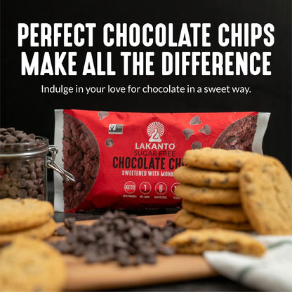 Lakanto Sugar-Free Chocolate Chips, keto-friendly chocolate chips, are surrounded by scattered chips and freshly baked cookies. The text above states, Perfect chocolate chips make all the difference.