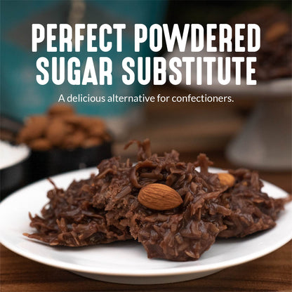 A plate of chocolate-covered treats with a topping of whole almonds features the text, Keto Friendly Delight: Lakanto Powdered Monkfruit and Erythritol Sweetener is the perfect powdered sugar replacement and a delicious alternative for confectioners. Whole almonds are visible in the background.