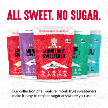 Five vibrant bags of Lakanto’s Powdered Monkfruit and Erythritol Sweetener fan out, with text above saying ALL SWEET. NO SUGAR. Below, it highlights these all-natural, zero-calorie sweeteners as perfect powdered sugar replacements for keto diets.