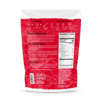 Lakantos Sugar-Free Chocolate Chip Cookie Mix comes in red and white packaging adorned with cloud patterns. It includes nutrition facts, baking instructions with an oven icon, and details on ingredients and keto-friendly usage. The gluten-free package weighs 3.75 pounds.