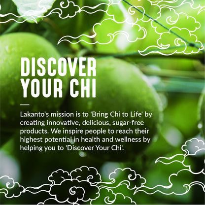 A backdrop of green limes with a text overlay about Lakantos mission to enhance health and wellness by crafting sugar-free, gluten-free goods. The phrase, framed by white clouds, reads: DISCOVER YOUR CHI, highlighting the potential of Sugar-Free Chocolate Chip Cookie Mix.